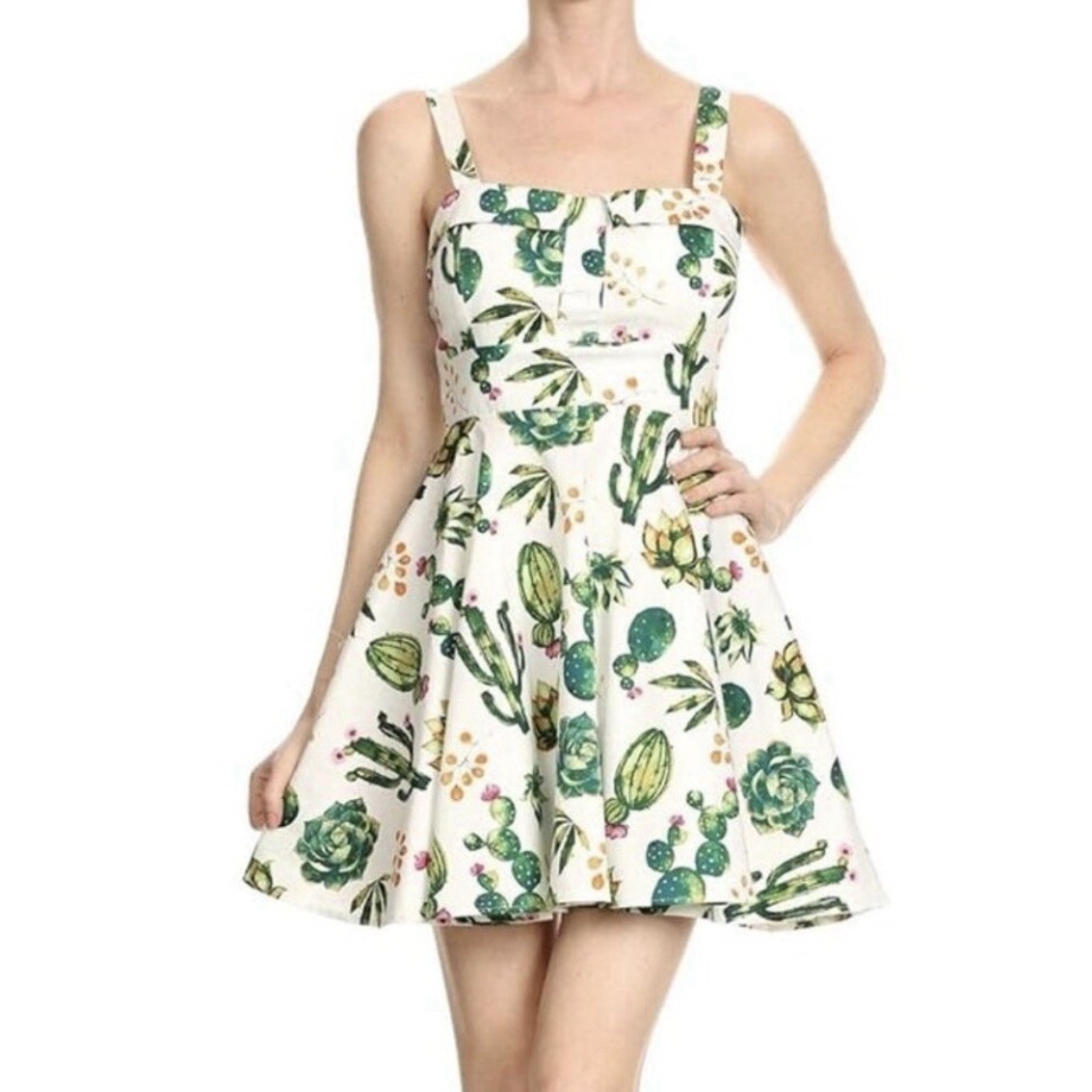 Modcloth White Mini Dress With Green Cactus Print